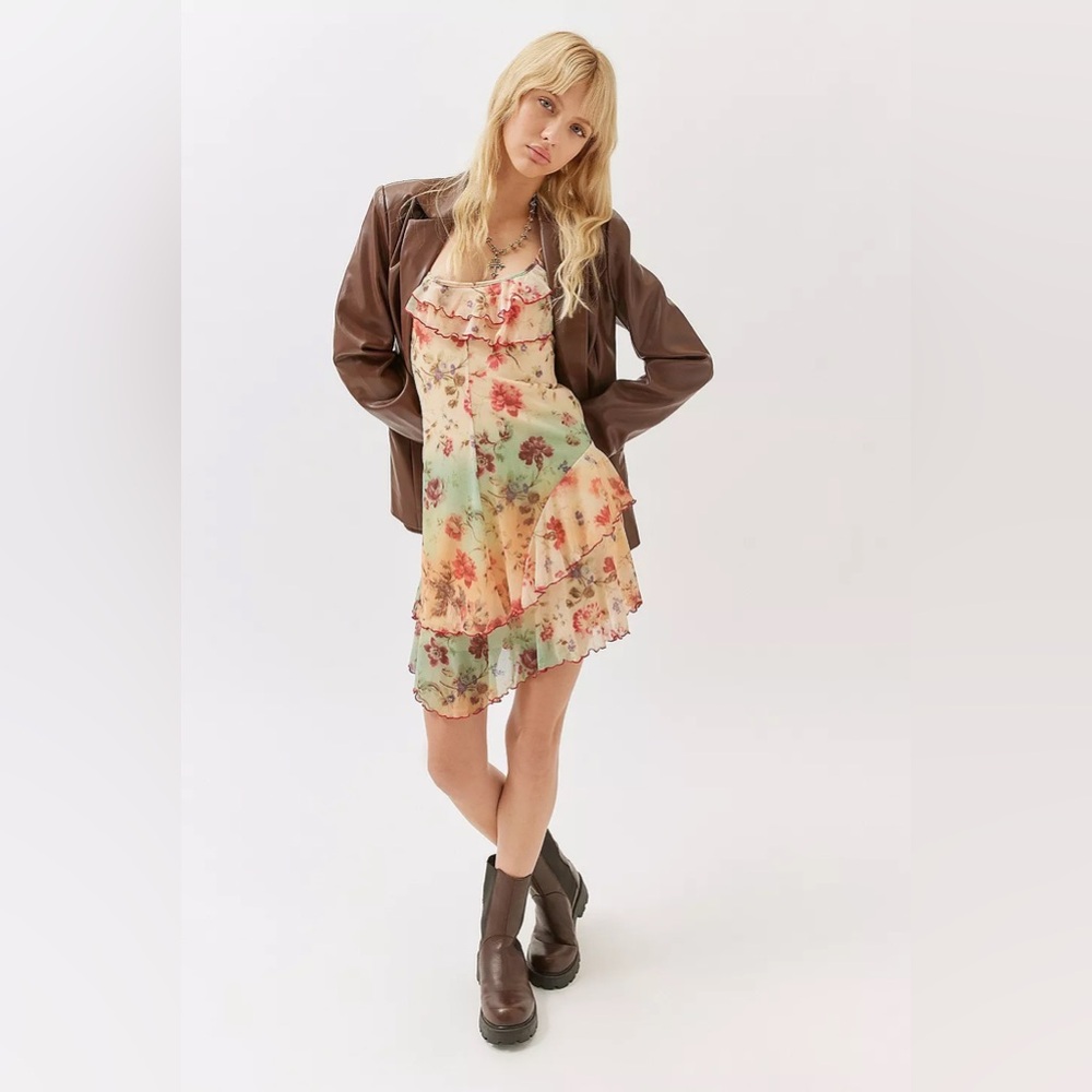 Urban Outfitters Lulu Floral Mesh Ruffle Mini Dress Dainty Tie Bust Frill